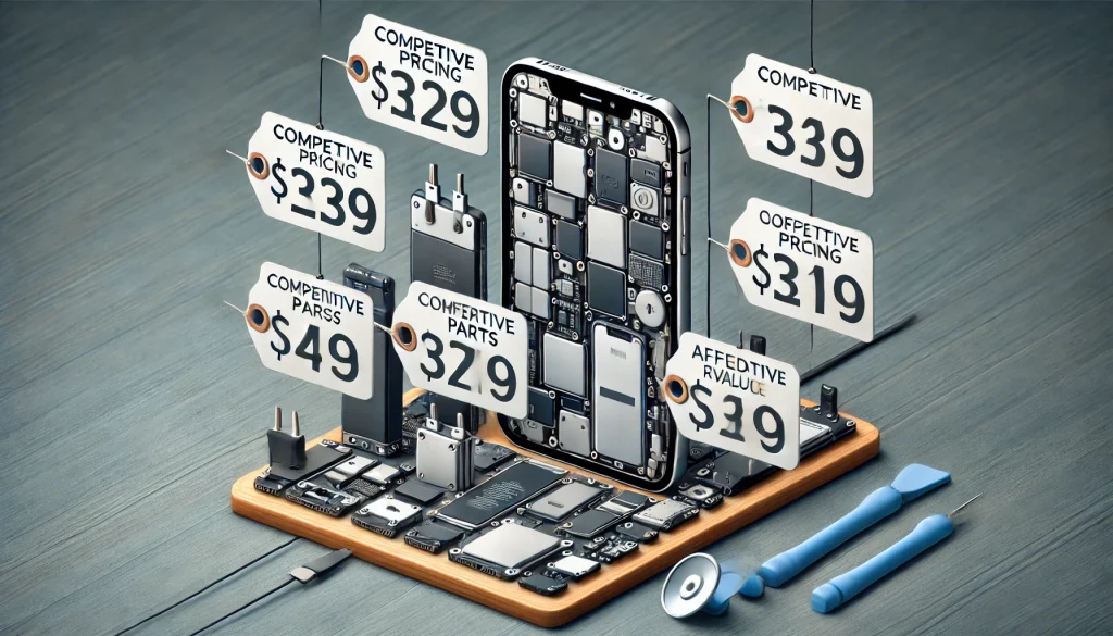 業者向けの競争力ある価格でコストを最大限に削減したiPhone部品のイメージ。整理された部品に価格タグが付けられ、価値と手頃さが強調されています。